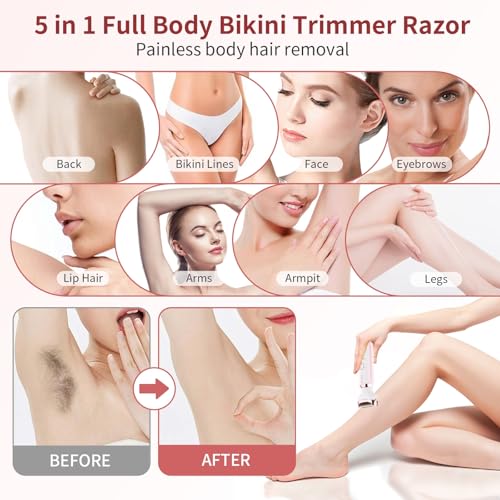 Electric Razors Shaver for Women - 5 in 1 Womens Electric Razor Bikini Trimmer for Women and Wet/Dry and Rechargeable Lady Shaver Razors for Nose Hair Face Eyebrow Arms Legs Armpit Pubic Area