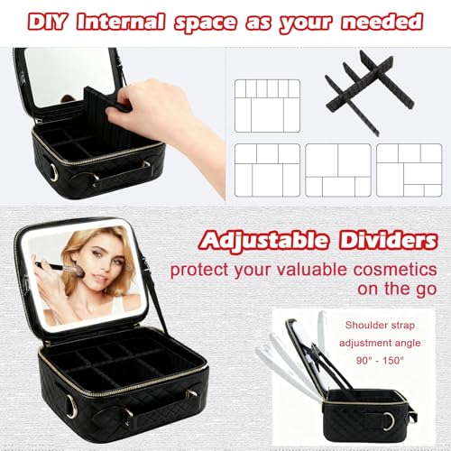 Travel Makeup Bag with Light Up Mirror Black Grid - Waterproof Portable Cosmetic Organizer