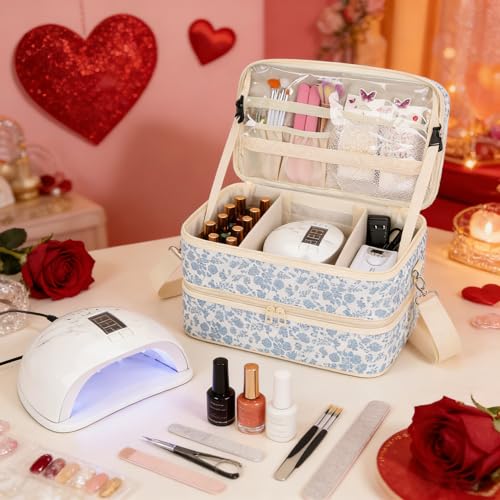 Blue Flower Nail Polish Organizer Bag Holds 50+ Bottles & UV Nail Lamp