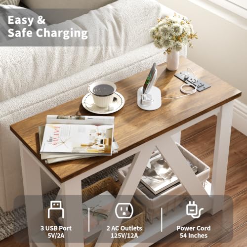 Farmhouse Narrow End Table with Charging Station - White & Honey Brown, Variation 1