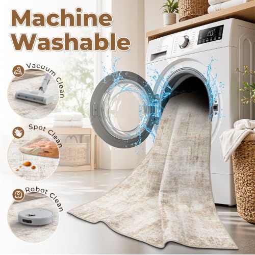 8x10 Beige Washable Area Rug - Abstract Modern Non-Slip Indoor Carpet for Living Room & Bedroom - Variation: Beige / 8' x 10'