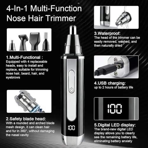 Rechargeable 4-in-1 Nose Ear Eyebrow Beard Trimmer Kit - Waterproof, LED Display