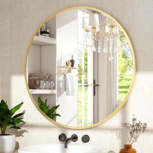 30 Inch Round Gold Mirror - Modern Circular Wall Mirror for Bathroom & Entryway - Variation: Round-Gold / 30"L x 30"W