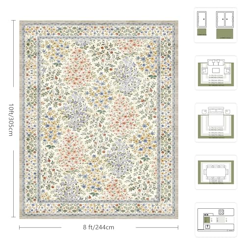 Beige Floral 8x10 Area Rug - Machine Washable Low Pile Boho Rug with Non-Slip Backing