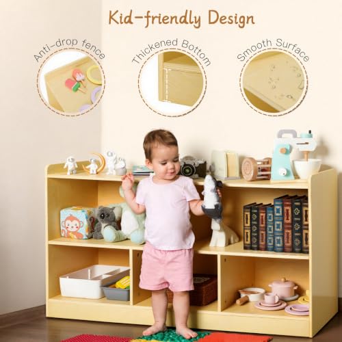 Wooden Montessori Shelf for Kids - Toddler Bookcase & Toy Storage Organizer, Natural Finish, 5-Section Kids Room Storage