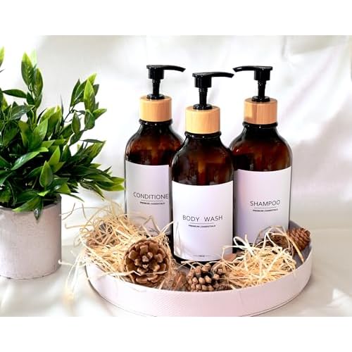 Shower Shampoo and Conditioner Bottles, Apothecary Dispenser Bamboo Pump, Refillable Bottles for Lotion Oil Hand Soap and Dish Soap, Plastic Set (3 Bottles 9 Labels) (3, Amber)