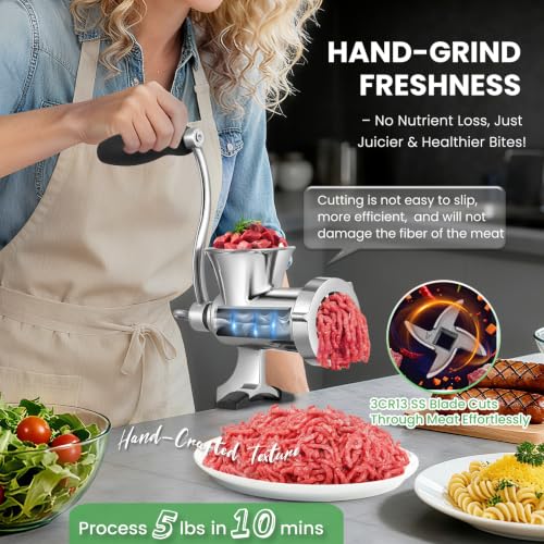 Manual Meat Grinder with Sausage Stuffer - 304 Stainless Steel, #8 Caliber