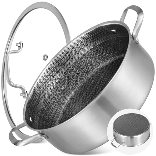 Large 7 Qt Deep Frying Pan with Lid - 12 Inch Stainless Steel Skillet
