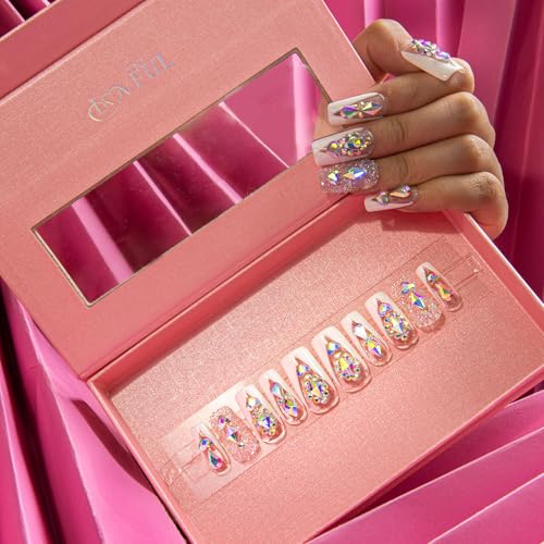LOVFUL Reusable Press On Nails | Candy Diamonds White French Tip | Salon Quality Sustainable Style Handmade with Full Covered Crystals | Square Regular 1.0 in | H36-M