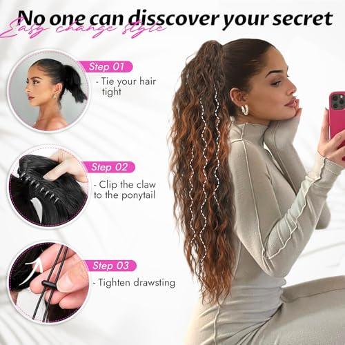 Isaic 30 Inch Omber Medium Auburn Claw Clip Ponytail Extension - Wavy Synthetic Hairpiece for Thin Hair