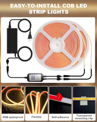 2700K 100FT Waterproof COB LED Strip Lights Outdoor IP68 - Bright Warm White, Dimmable
