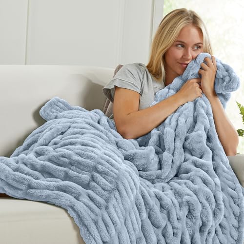 Powder Blue Micro Plush Throw Blanket - Thick Faux Fur, 50x60 Inches
