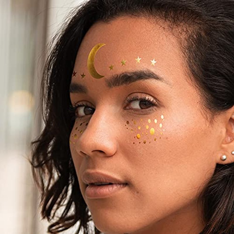 3 Sheets Face Tattoo Sticker Metallic Shiny Temporary Water Transfer Tattoo for Professional Make Up Dancer Costume Parties, Shows Gold Glitter