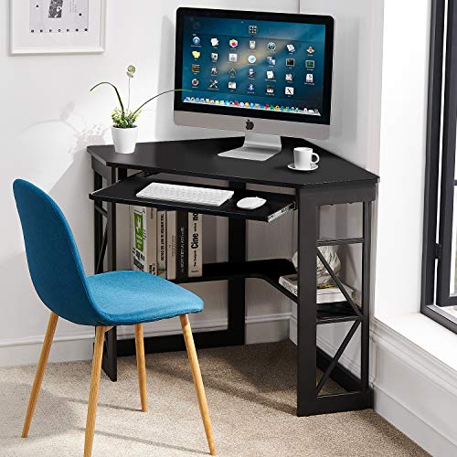 VECELO Corner Computer Desk 41 x 30 Inches with Keyboard Tray & Storage Shelves - Black