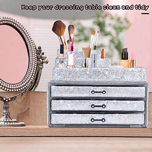 White Bling Diamond Makeup Organizer Drawer Set - 2 Pieces, Handcrafted Jewelry & Cosmetic Storage