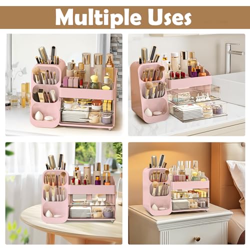 Makeup Organizer Countertop, Vanity Organizer with Brush Holder, Cosmetic Display Case with Drawers, Skincare Organizer for Dresser, Bathroom, Large Make up Storage Cosmetic Holder for Women gifts