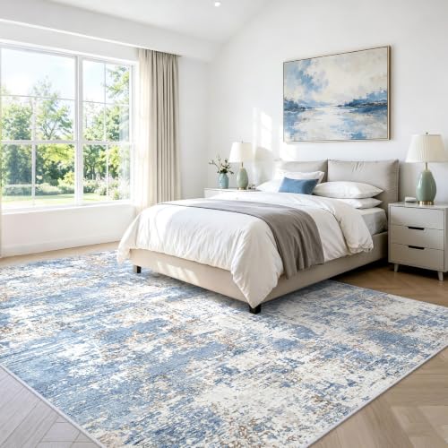 Blue Washable Area Rug 8x10 for Living Room & Bedroom - Abstract Carpet