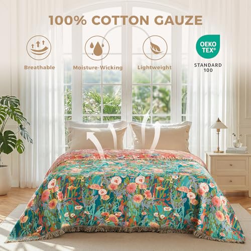 LUTBM King Size Reversible Cotton Blanket with Floral Embroidery - 108x90 Inches