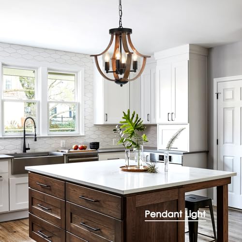 Dark Wood Grain 4-Light Farmhouse Pendant Light Fixture - Rustic Ceiling Chandelier