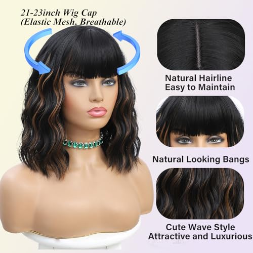 Black Highlights Brown Wig with Bangs - 12-Inch Short Wavy Curly Bob Hair