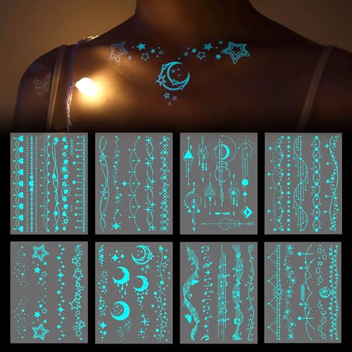 Blue Luminous Temporary Tattoos Glow in the Dark Music Festival Moon Tattoos Waterproof Planet Star Fake Tattoo Sticker for Women Men Face Body Arm Party Cute Skin Tattoo Decorations
