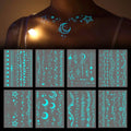 Blue Luminous Temporary Tattoos Glow in the Dark Music Festival Moon Tattoos Waterproof Planet Star Fake Tattoo Sticker for Women Men Face Body Arm Party Cute Skin Tattoo Decorations