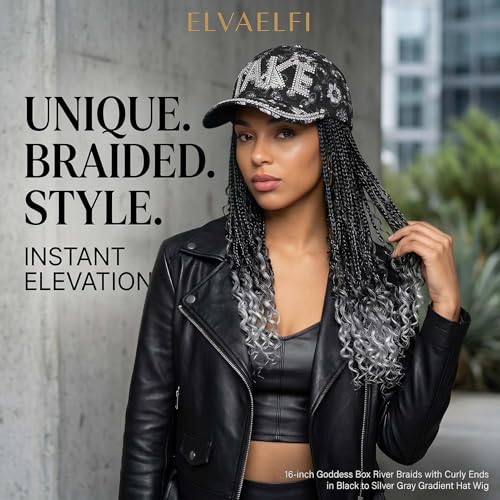 Ombre Gray Crochet Goddess Braids Hat Wig with Curly Ends - Cap31-DarkSilverGrey, 16 Inch