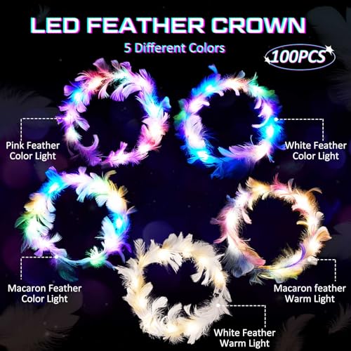 Taiyin 30-Piece LED Feather Headbands for Wedding in Multiple Colors - Adjustable & Light Modes