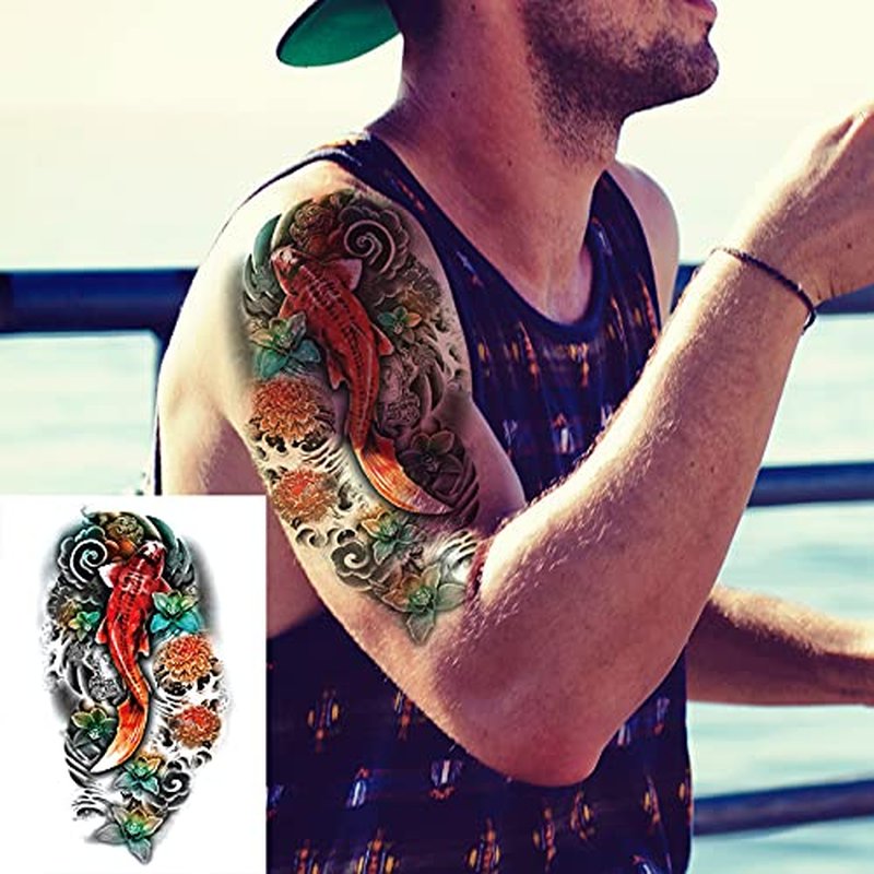 2 Sheets Arm Thigh Waterproof Temporary Tattoo Stickers Wave Flower Lotus Koi Carp Fish
