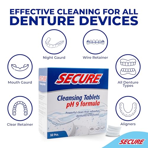Secure Denture Cleaning Tablets - 128 Count, Pack of 4 (32 Tablets per Pack) for Retainers & Nightguards