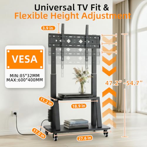 Rolling TV Stand with Power Outlet for 32–83 Inch TVs (Height 53–59", 130 lb) – Duiliuu