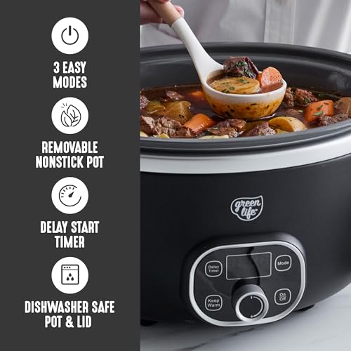GreenLife 6QT Ceramic Nonstick Slow Cooker Black - Oven & Stovetop Safe