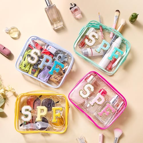 Kacctyen 12 Pcs Spf Clear Makeup Bags Bulk Waterproof Sunscreen Pouch Beach Pool Bag Chenille Letter Patch PVC Preppy Travel Toiletry Cosmetic Zipper Organizer for Women Girls Summer Vacation Gifts