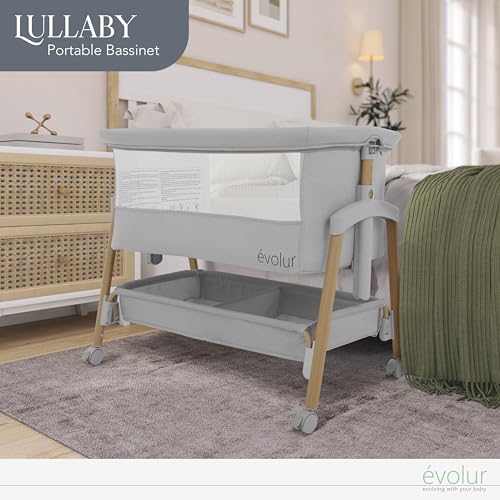 Evolur Lullaby Portable Bassinet with Wheels & Storage - Light Gray