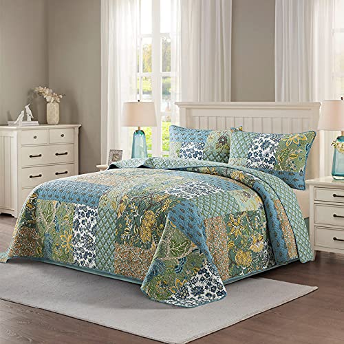 Reversible Cotton Quilt Set with Embroidered Patchwork - Green Farmhouse Garden, Queen Size, 3 Pieces Variation of THIS listing