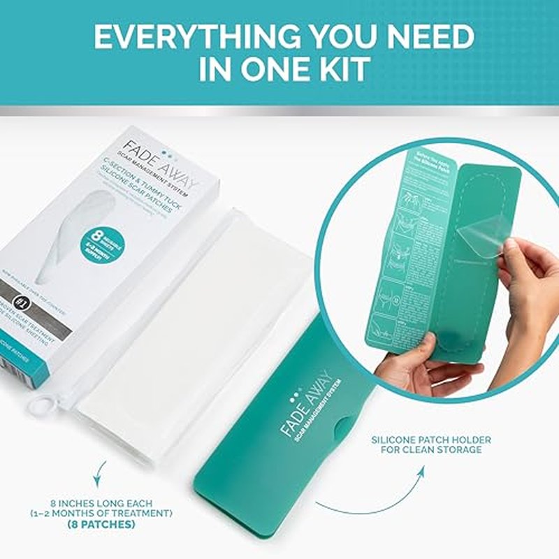 Fade Away Scars Silicone Scar Sheets for C-Section & Tummy Tuck ? Reusable Medical Grade Silicone Scar Tape for Surgical Scars ? Soft Scar Strips with Storage Pouch ? Fade Away Silicone Scar Sheets