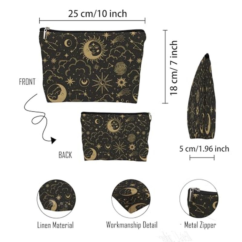 huester Black Golden Sun and Moon Star Witchy Makeup Bag, Moon Make Up Bag, Tarot Cosmetics Bag, Cosmetic Bags Travel Makeup Pouch Astrology Witchy Gifts for Purse Women Girls Sister Mom