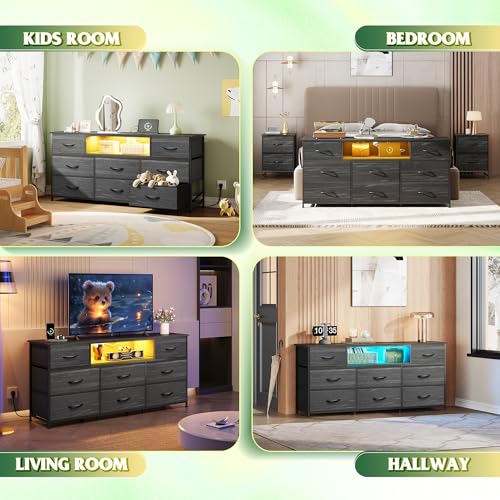 Charcoal Black Wood Grain TV Stand with 8 Drawers and LED Lighting for 65 Inch TV