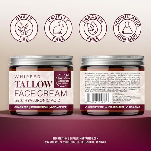 Beef Tallow Face Moisturizer for Women | With Hyaluronic Acid | Hydrating Whipped Beef Tallow for Skin Care for Women | With Jojoba & Sweet Almond Oil | Paraben & Cruelty-Free, Non-GMO | 4 oz