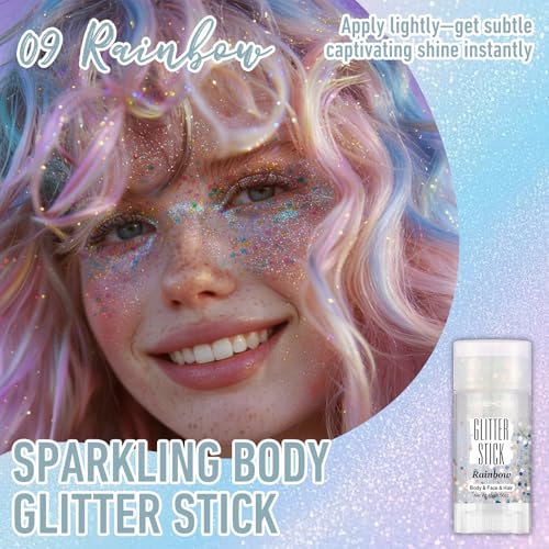 Rainbow Body Glitter Stick, Rainbow White Face Body Glitter Stick for Women Girls, Chunky Sequins Hair Glitter Gel Makeup for Lip Party Festival Rave Accessories Singer Concert Halloween