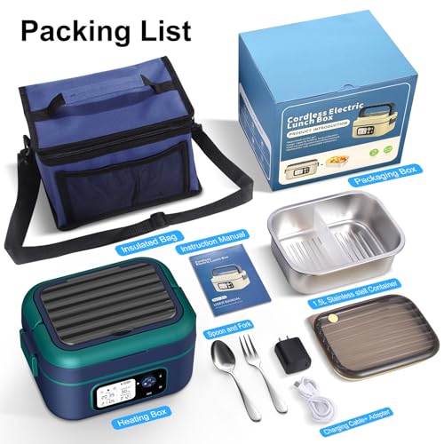 EDCREATY Blue Cordless Electric Heated Lunch Box 1.5L Self-Heating Food Warmer