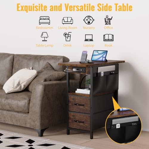 Rustic Brown Small Side Table with Charging Station & Storage Pocket