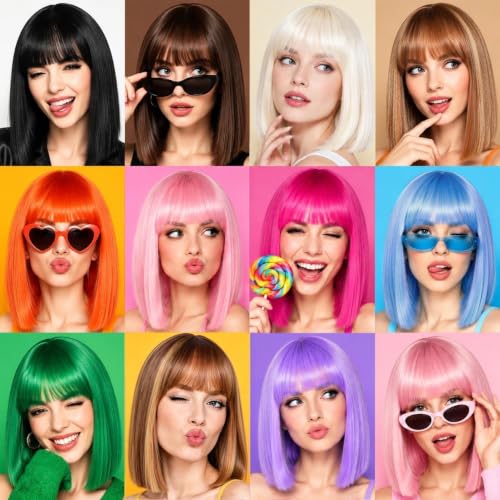 Pink Hot Bob Wig for Women - Short Synthetic Straight Wig with Bangs, Adjustable Fit