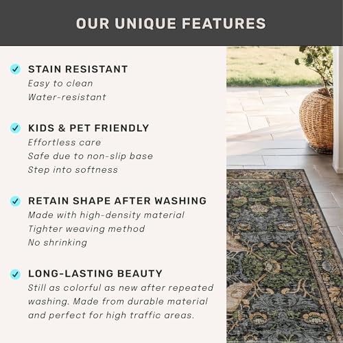 10 Ft Vintage Floral Runner Rug - 3x10 Dark Green & Brown Non-Slip Washable