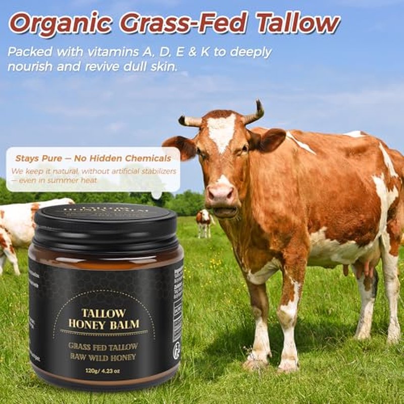 Beef Tallow for Skin,Tallow and Honey Balm,Organic Grass-Fed Beef Tallow Balm with Honey, Face and Body Moisturizer(120g)