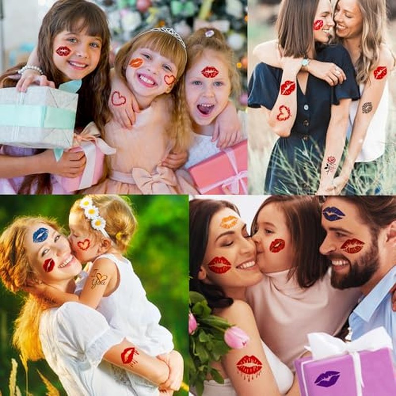 180 Pcs Large Size Valentine's Day Party Favors Kiss Lip Temporary Tattoos Stickers for Adult Women, 12 Sheets Bright Red Kiss Lip Print Fake Tattoos for Valentine's Day Costume Accessories