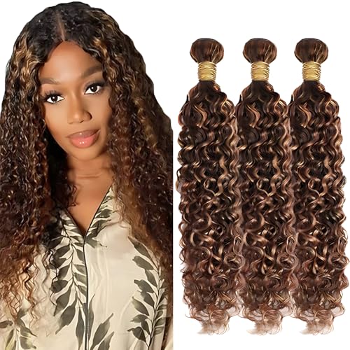 ZCMYVINND P4/30 Dark Brown Highlight Curly Wave Hair Bundles 8-12 Inch Brazilian Virgin Remy Extensions