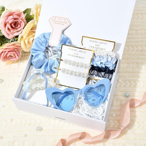 4 Sets Pearl Bridal Gift Set with Claw Clips Makeup Bag & Sunglasses - Blue
