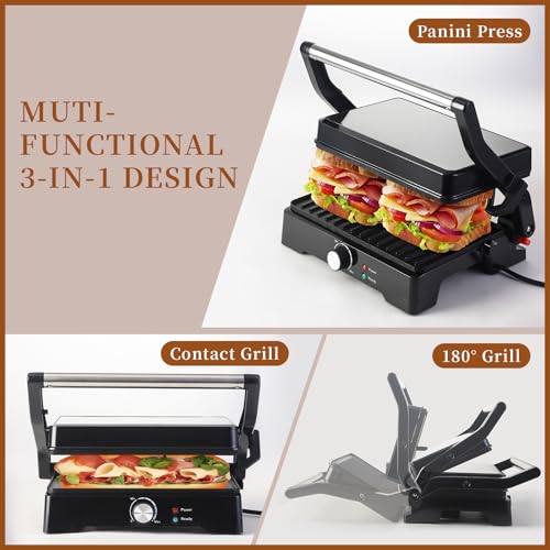 UVFAST Large Panini Press Grill Sandwich Maker 3-in-1 Open 180°
