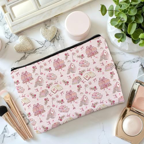 Pink Bookish Makeup Bag, Reading Lover Reader Gifts for Women, Preppy Pink Bow Rose Floral Bookish Cosmetic Bags for Women, Bookworm Gifts Zipper Makeup Pouch Travel Toiletry Bag
